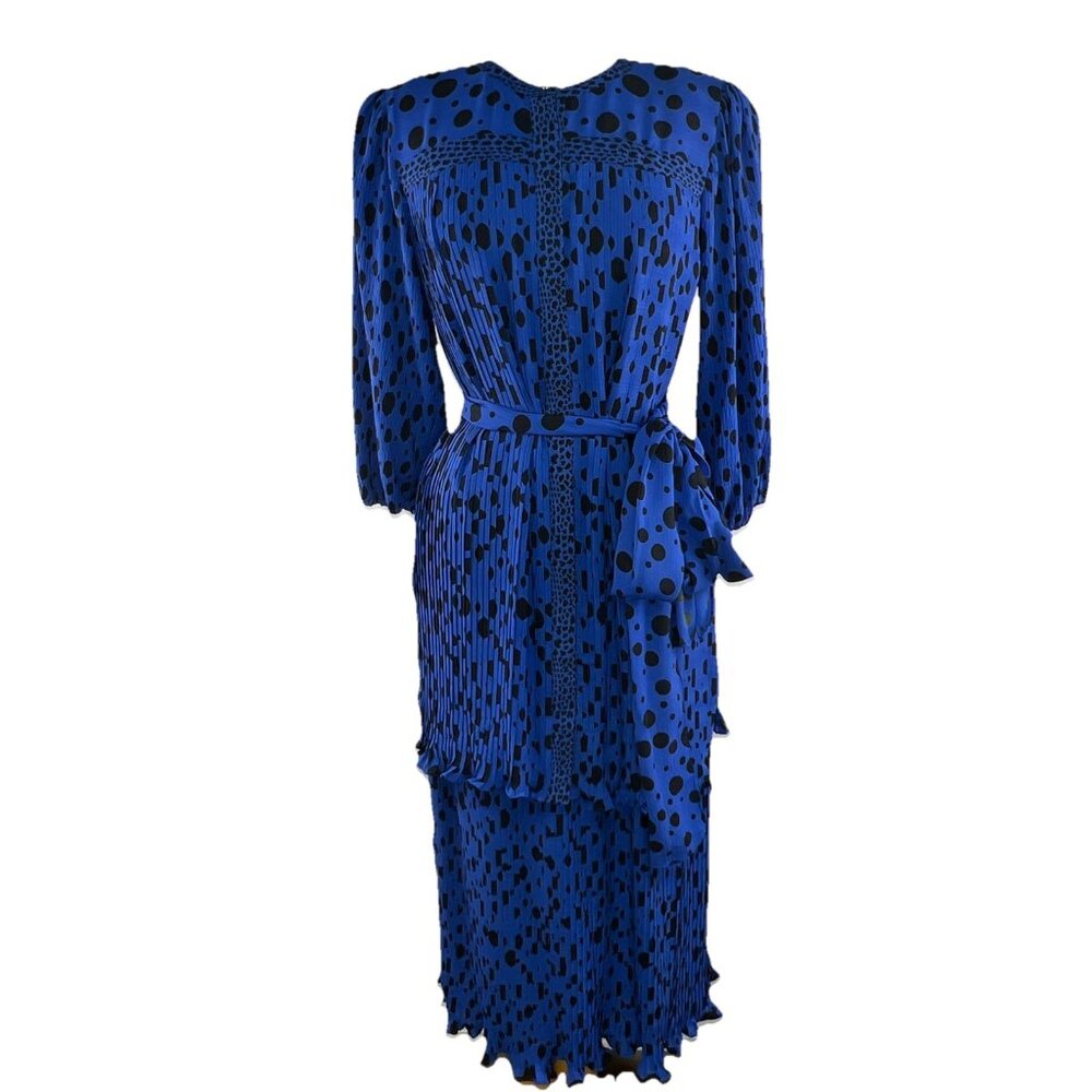 Vtg Diane Freis Blue and Black Polka Dot Georgette 2 Pc 80s Set One Size